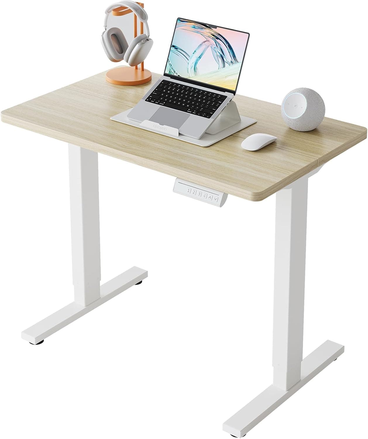 HUANUO Small Electric Standing Desk, 32x19 inch, Light Walnut, product photograph